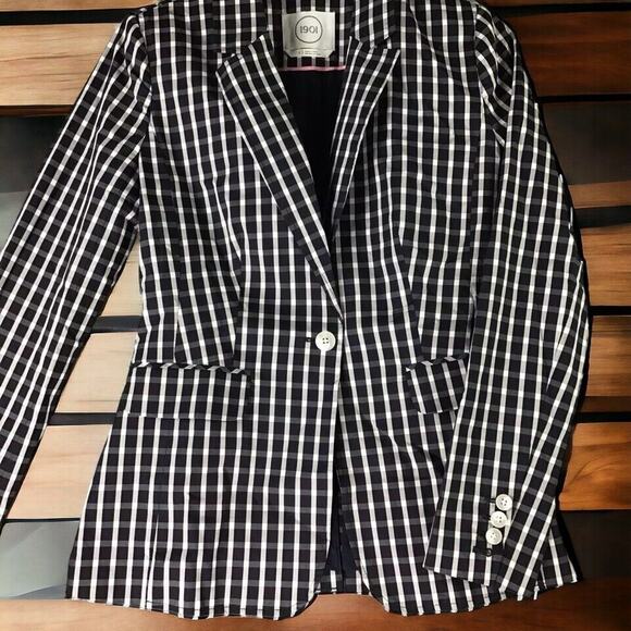 1901 Women’s Size 0 Black White Gingham Check Single Button Cotton Blazer - Picture 4 of 15